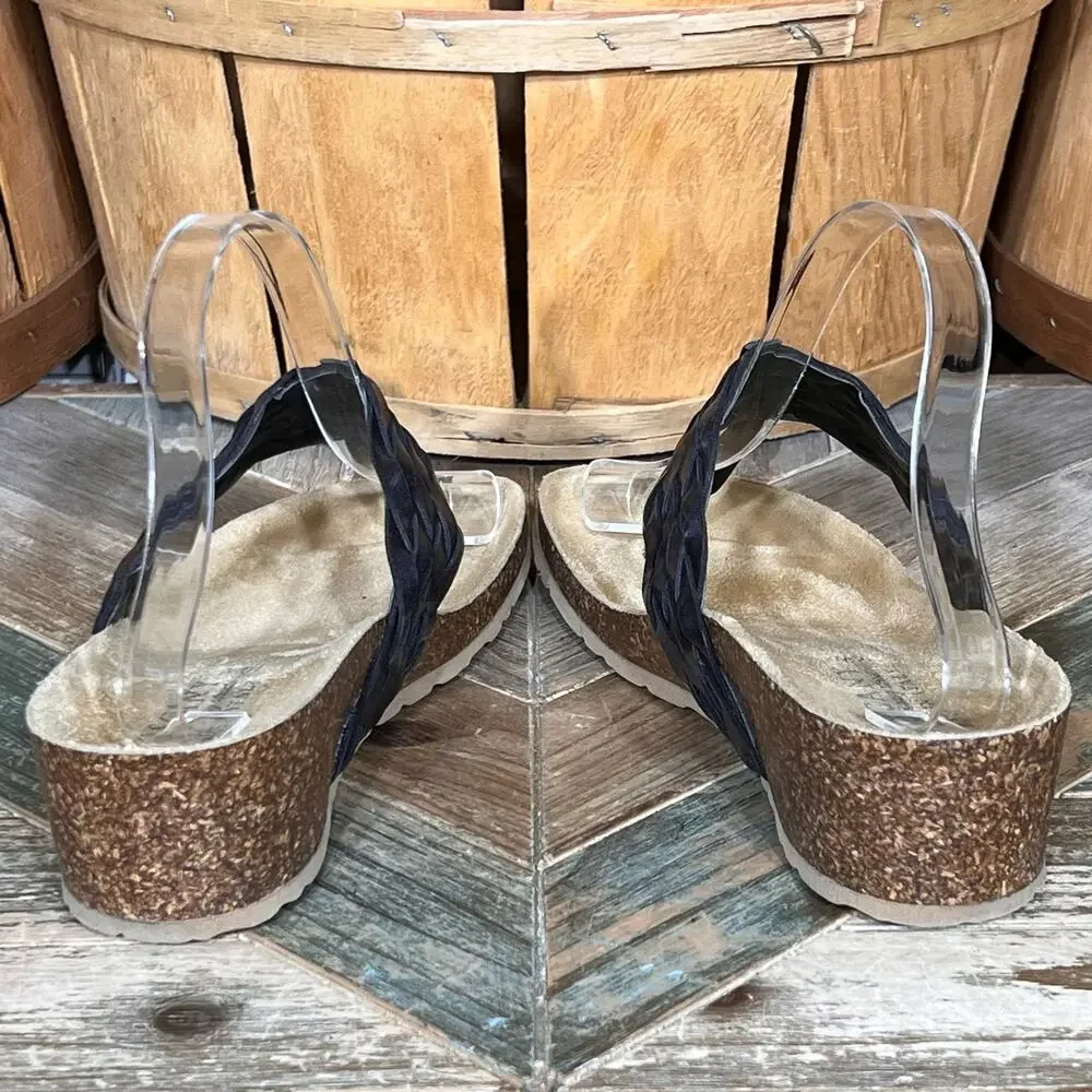 Tuscany by Easy Street Bene Wedge Cork Black Leather Thong Sandals Women 10 WIDE